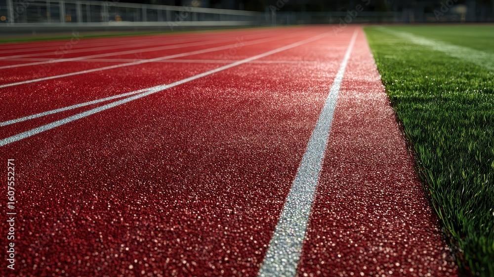 close up view of running track with vibrant red surface and white lines, surrounded by green grass, inviting athletes to train and compete close up view of running track with vibrant red surface and white lines, surrounded by green grass, inviting athletes to train and compete