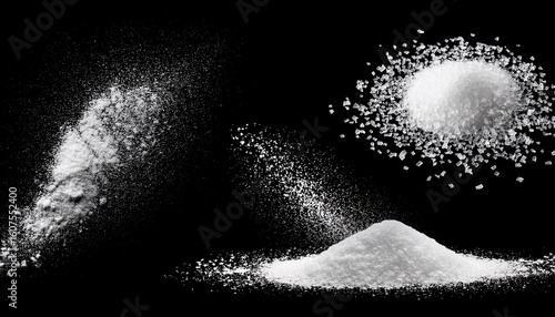 scatters of sugar or salt crystals with white dust vector realistic set of stains of crushed pieces of chalk or sand coarse culinary ground sea salt or sugar granules isolated on black background