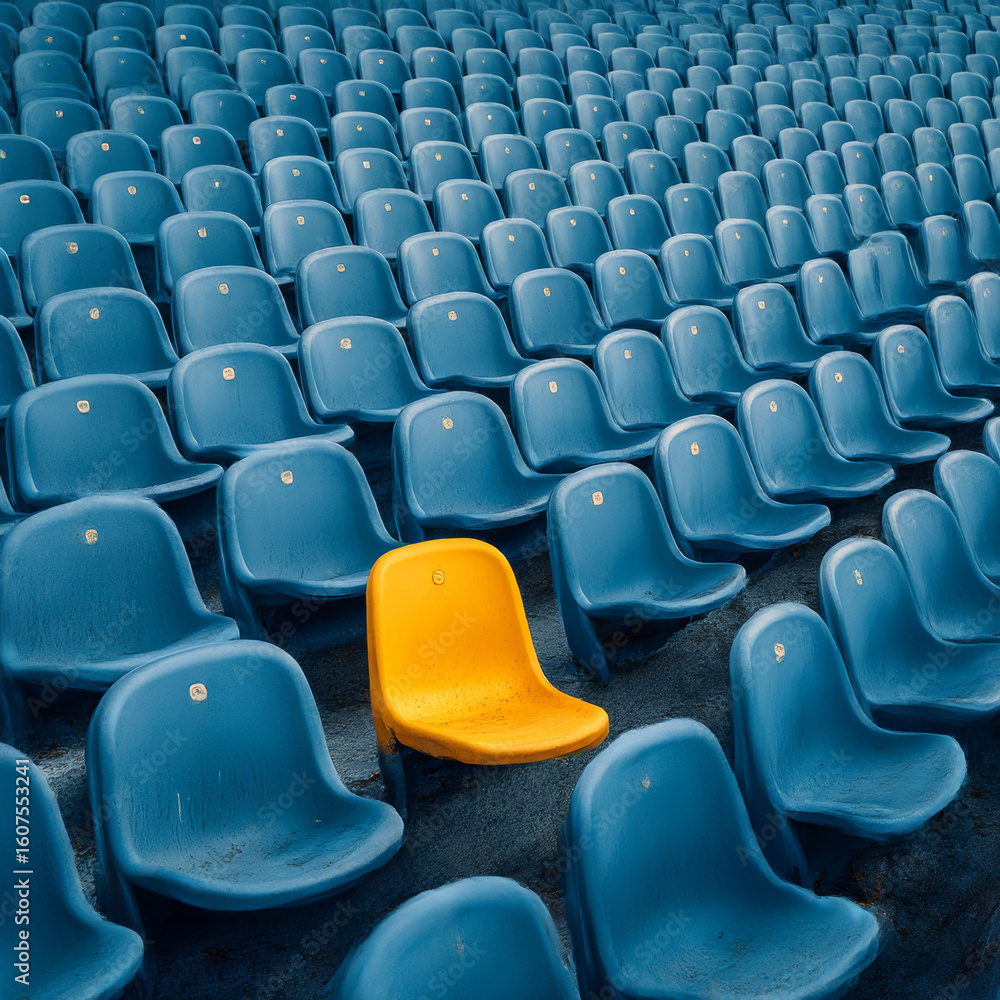 Obraz premium A vivid yellow stadium seat sits alone among a sea of blue chairs, creating a striking visual contrast in an organized setting.
