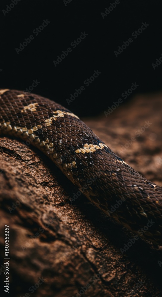 Obraz premium Close up of a snake's textured body and patterned scales on a natural tree branch. Danger and wildlife concept.