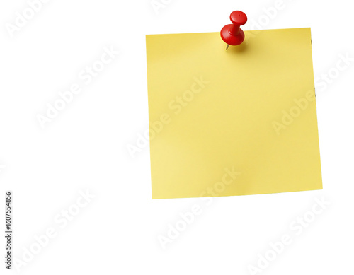 Yellow sticky note pinned with a red thumbtack isolated on transparent background