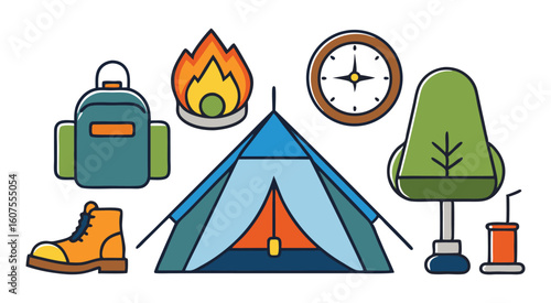 Camping gear icons including tent backpack boot fire compass and tree