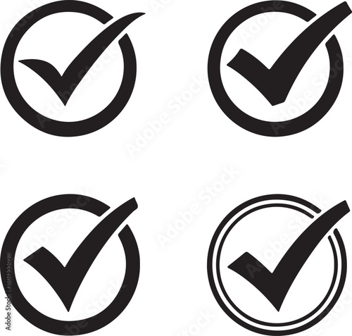A Collection of Circular Check Mark Designs in Black and White Featuring a Symbol of Acceptance and Approval