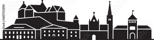 Detailed Silhouette of a European Cityscape with Historic Buildings and Architectural Landmarks