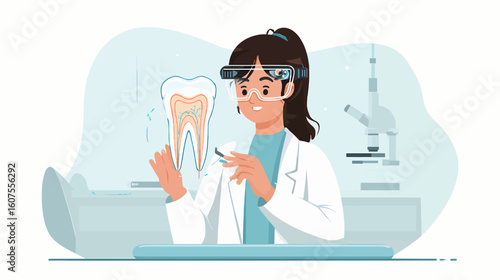 Vector Illustration of Female Dentist Using AR Glasses for Endodontic Root Canal Surgery