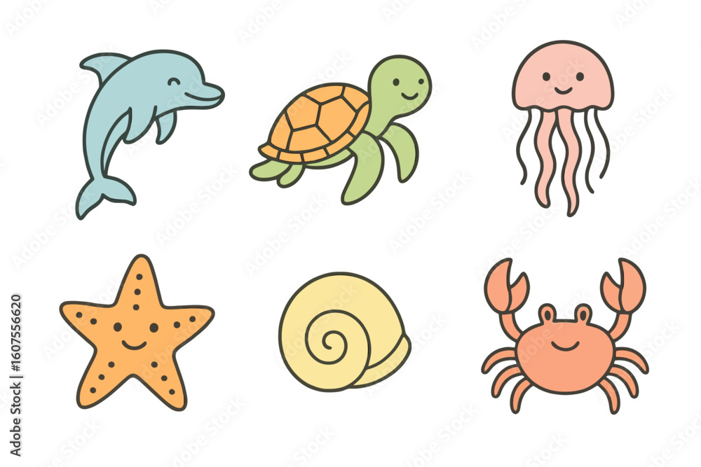 Naklejka premium Pastel vibrant thin line icons of cute marine animals including dolphin, turtle, and starfish. Perfect for kids’ projects and summer designs.