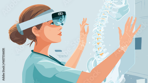 Vector Illustration of Female Surgeon Using AR for Spinal Surgery with Vertebrae Overlay
