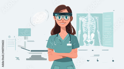 Vector Illustration of Female Surgeon Using AR for Spinal Surgery with Vertebrae Overlay