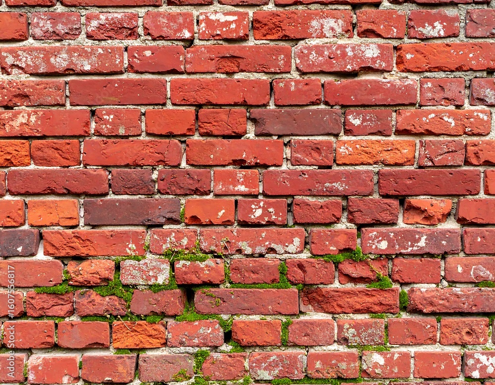 Obraz premium Aged red brick wall with moss (1)