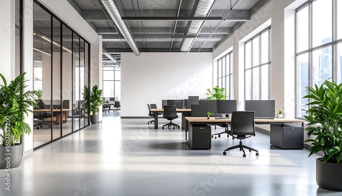 Bright, modern open-plan office space with large windows, black desks, and plants