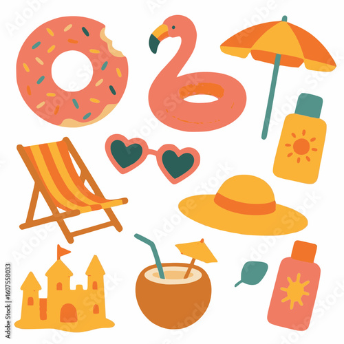 Flat Summer Beach Clipart Set – for summer-themed planners, beach party invitations, digital scrapbooking, printable stickers, Instagram highlights, seasonal blog posts, product packaging