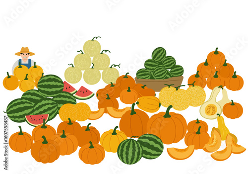 A colorful array of fruits and vegetables are displayed with a farmer on a white background