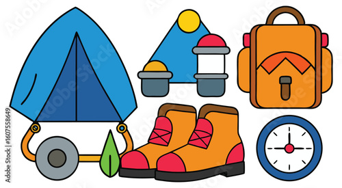 Camping gear illustration with tent backpack boots and clock