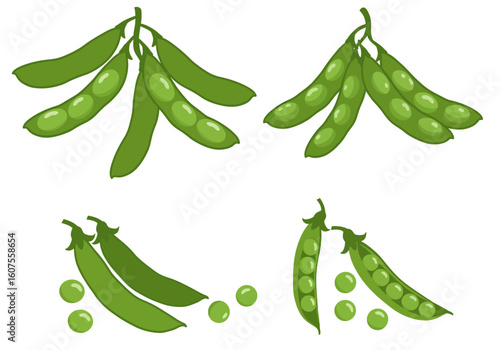 The image displays pea pods some in clusters and others open with loose peas