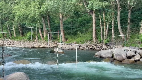 River flowing past rocky shore and green trees

