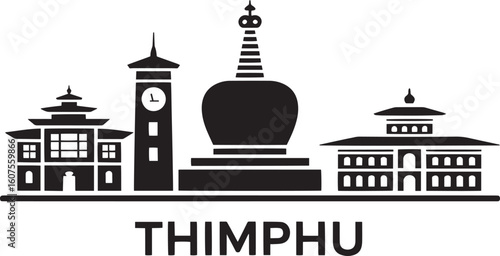 Thimphu Bhutan Skyline Silhouette Vector Illustration with City Name Typography