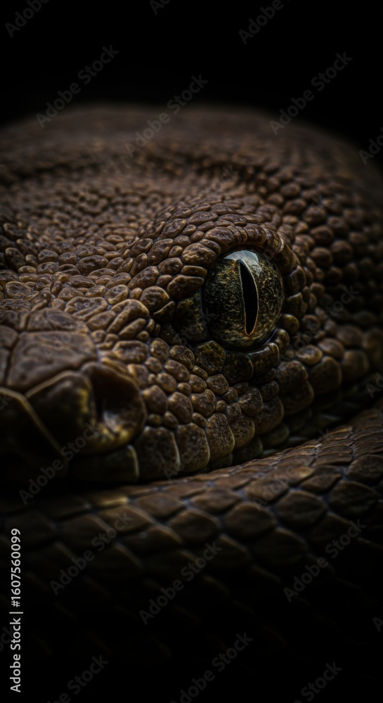 Obraz premium Close up of a pit viper snake eye and scales on a dark background. Reptile skin texture with a focused eye. Danger and wild animal concept for nature projects.