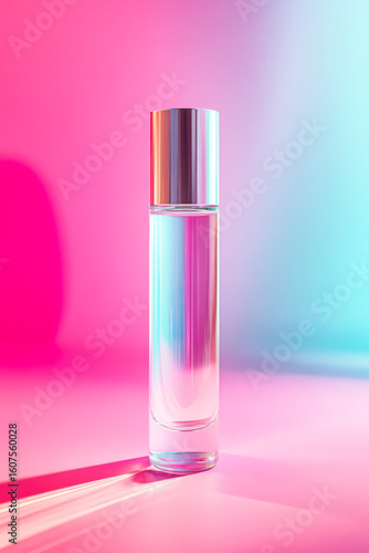 Bottle of perfume is sitting on a pink background