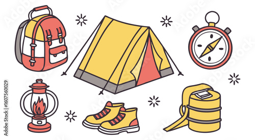 Camping gear collection with tent backpack lantern compass and boots