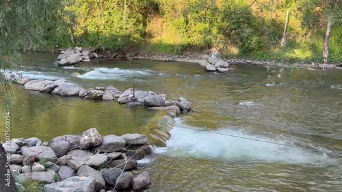 Rocky river with gentle rapids in sunlight

