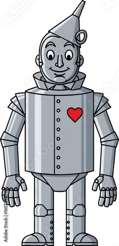 Cartoon Tin Man character from Wizard of Oz with funnel hat and heart symbol, standing upright, vector illustration fantasy concept