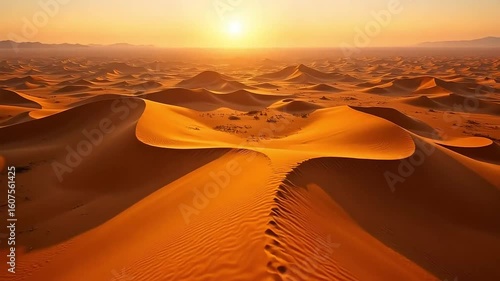 Golden sunset paints the stunning Sahara Desert dunes with mesmerizing warm colors in this breathtaking video journey