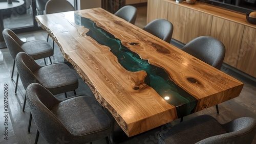 Modern live edge dining table with epoxy resin river and chairs