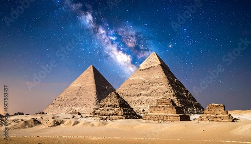 Ancient pyramids under a vibrant night sky, milky way prominent