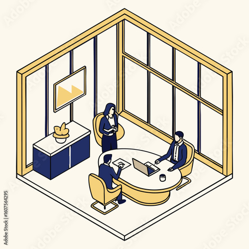 Vector scene of a high-end business team meeting in a modern boardroom with panoramic windows