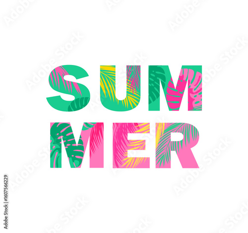 Summer lettering fashion print collection. Part 2 with colorful abstract pattern with monstera and coconut palm leaves for t-shirt, bag design, poster isolated on white