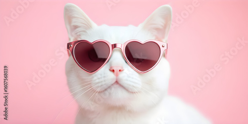 Adorable white cat wearing heart-shaped sunglasses against soft pink gradient background for valentine's day celebration concept