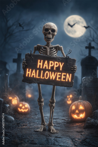 Skeleton holding a sign wishing happy Halloween in a spooky graveyard with carved pumpkins at night