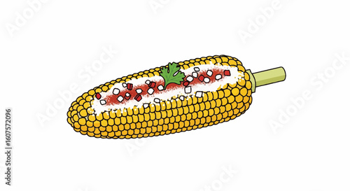 Vibrant Mexican Elote Illustration - Traditional Street Corn with Toppings, Perfect for Cultural Celebrations & Hispanic Food