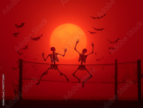 Skeletal figures celebrate Halloween at sunset with bats flying in the red sky