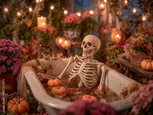 Skeleton relaxing in a vintage bathtub surrounded by autumn decorations and flowers