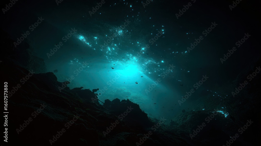 Fototapeta premium Underwater cavern, vibrant blue light