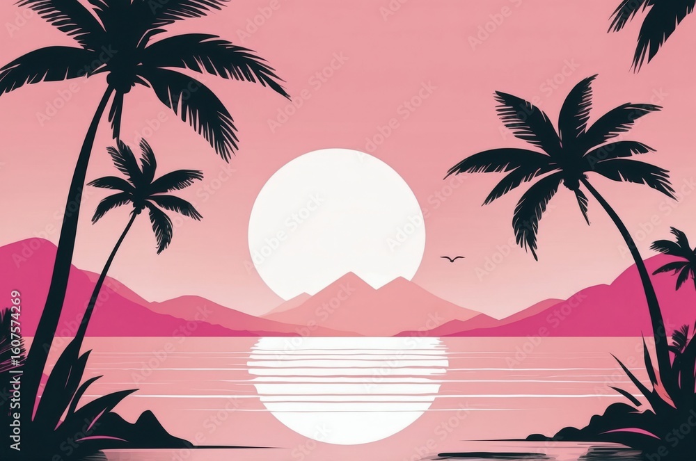 Naklejka premium Sunset over tranquil waters with silhouettes of palm trees and mountains in tropical paradise