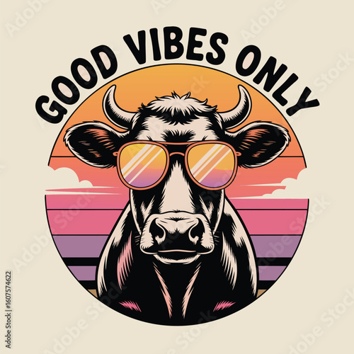 Retro Vintage Sunset Vibes Cow with Sunglasses T-Shirt Design