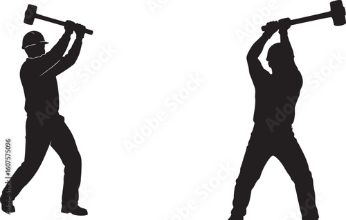 Two silhouette men swinging sledgehammers overhead, silhouette, man, men, sledgehammer, swinging, overhead, construction, demolition, labor, worker, hard hat, tool, impact, force, power, action, movem