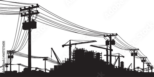 Black silhouette of construction cranes and power lines, construction, cranes, power lines, electricity, industrial, infrastructure, urban, city, development, building, silhouette, black and white, ov