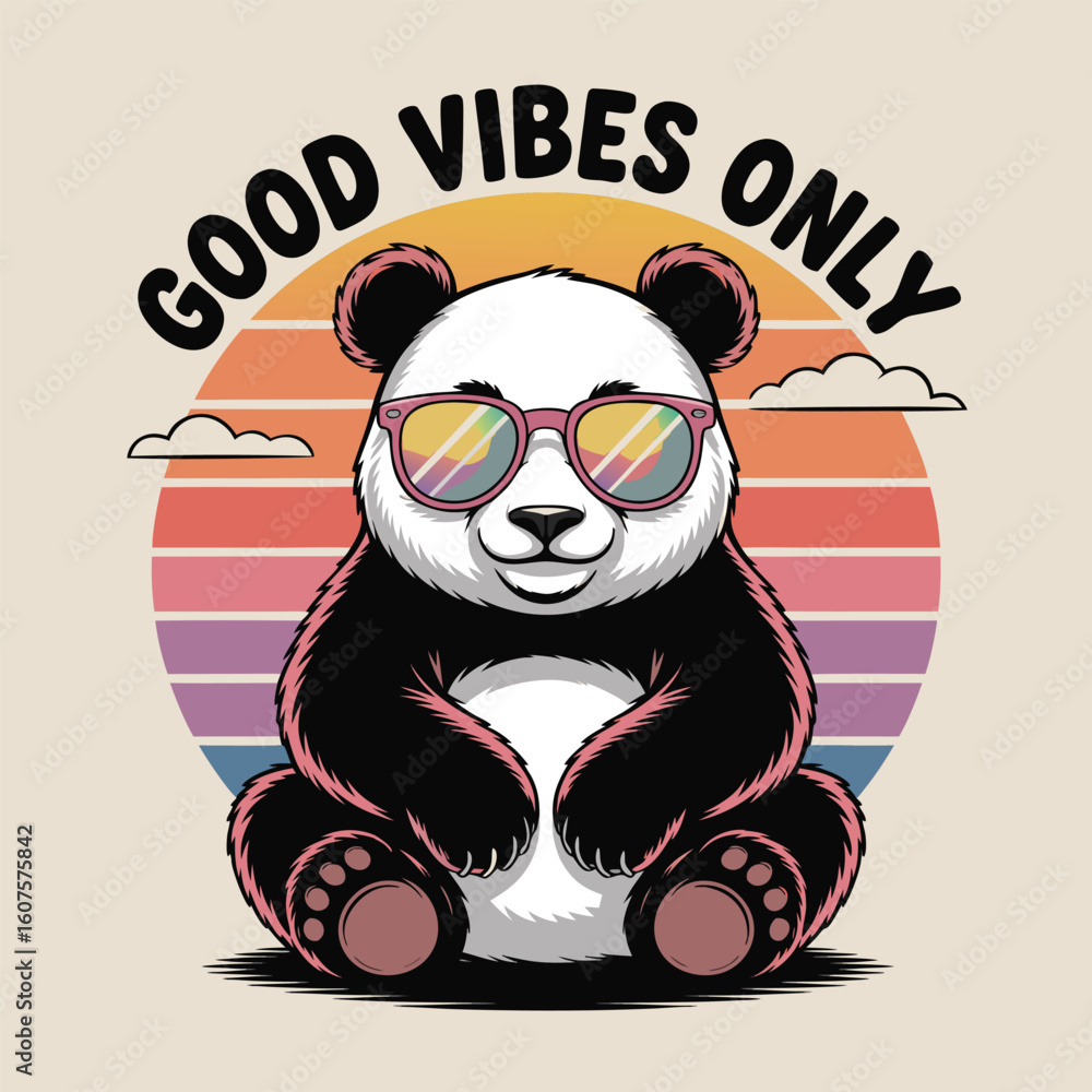 Fototapeta premium Retro Vintage Panda Sunglasses Good Vibes Sunset