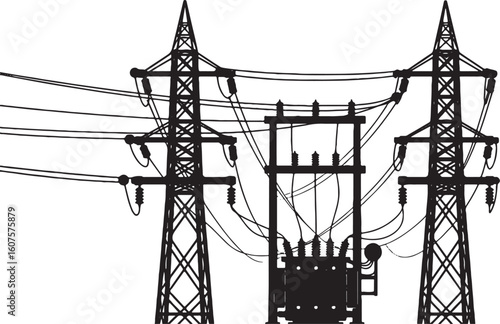 Black silhouette of electrical power transmission towers and transformer, electricity, power, transmission, tower, pylon, high voltage, energy, infrastructure, grid, cables, wires, substation, transfo