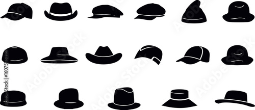 Collection of a Variety of Different Hats, Headwear, and Caps in Silhouette