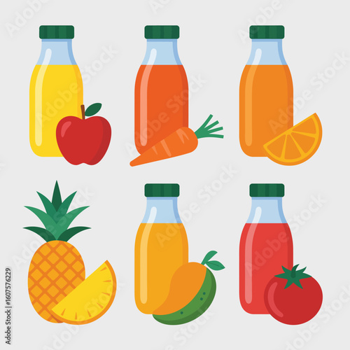 Collection of fresh fruit and vegetable juices in glass bottles
