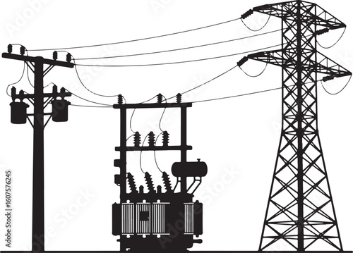 Black silhouette of electrical substation with power lines and pylon, electricity, power, substation, transformer, electrical pole, power line, transmission tower, pylon, infrastructure, energy, grid,