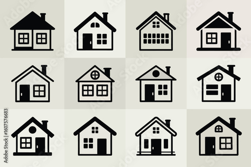 Collection of simple black house icons on a light background