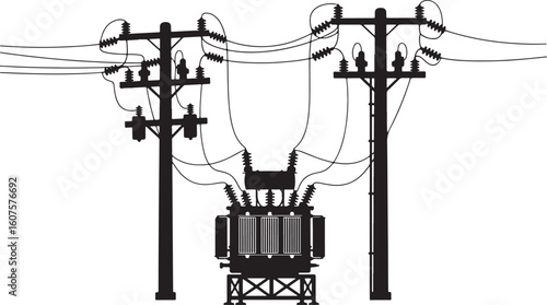 Black silhouette of electrical transformer and power lines on poles, electricity, power, energy, transformer, substation, power lines, utility, pole, electricity pole, transmission, distribution, high