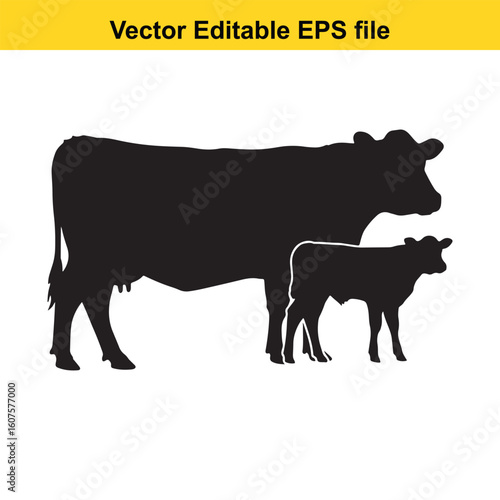 Silhouette of a cow and calf isolated on white background