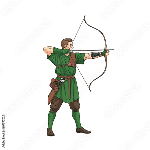 Archer in green tunic drawing back a longbow, aiming with focus and determination.