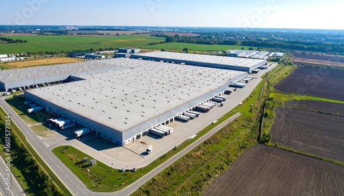 Aerial view of large distribution warehouse complex, surrounded by agricultural fields